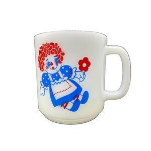 Vintage Glasbake Raggedy Ann & Andy Double sided Milk Glass Mug